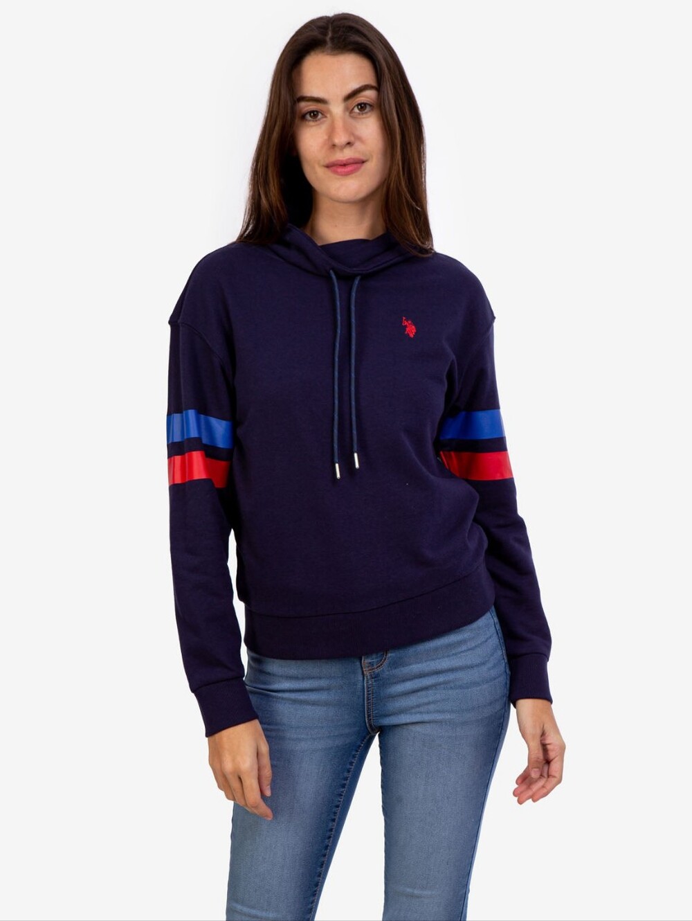 U.S POLO ASSN Womens STRIPE SLEEVE COWL Pullover NECK SWEATSHIRT